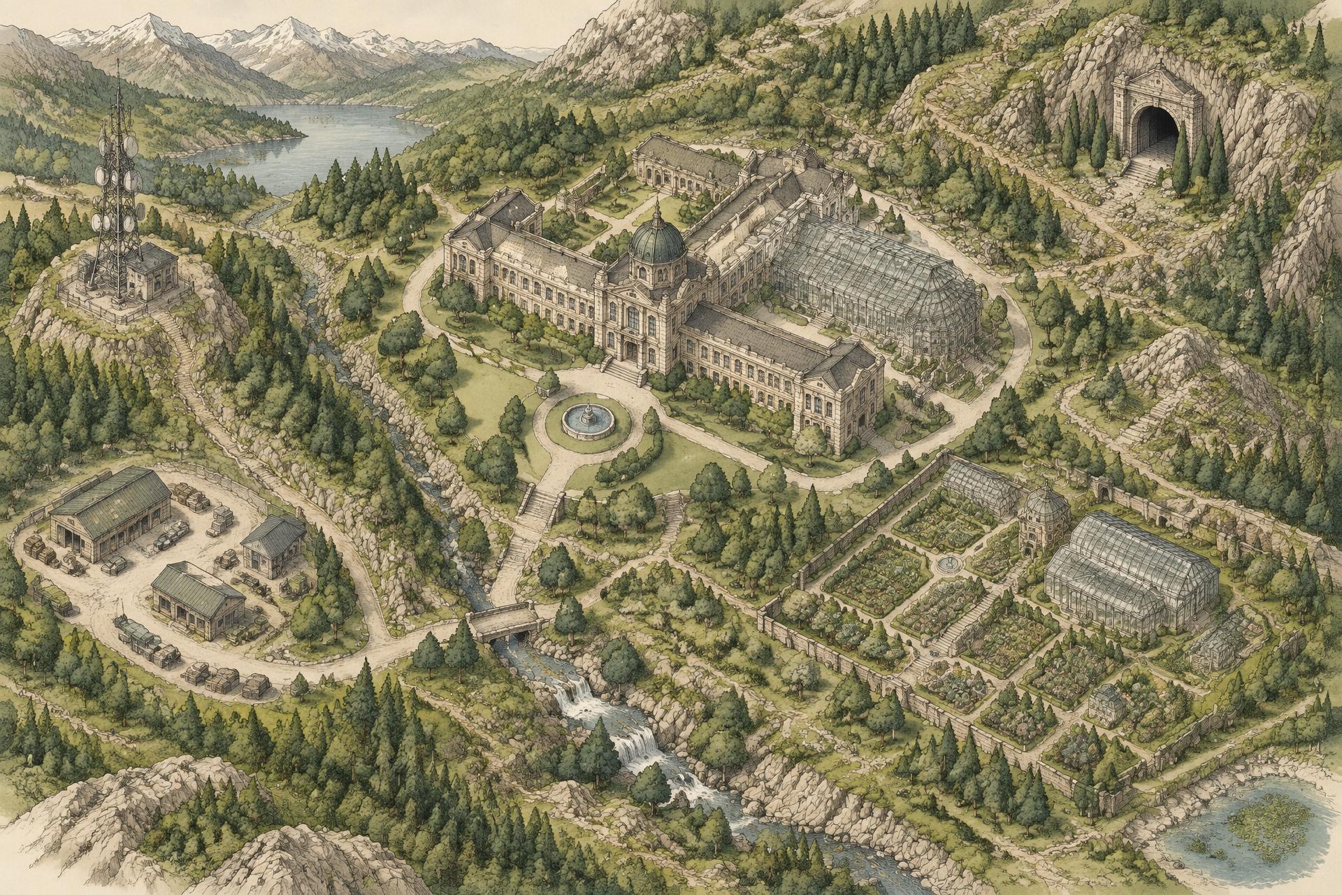 Illustrated bird's-eye survey of the Institute's mountain-valley campus, with the Main Building, archive cavern, radio tower, logistics buildings and herbarium gardens