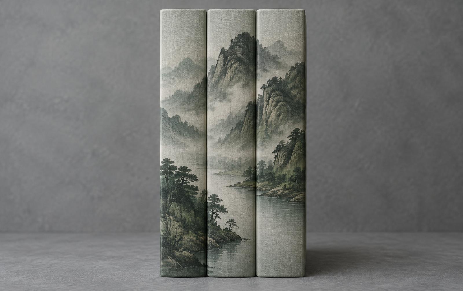 Three hardcover spines carrying one continuous mountain painting